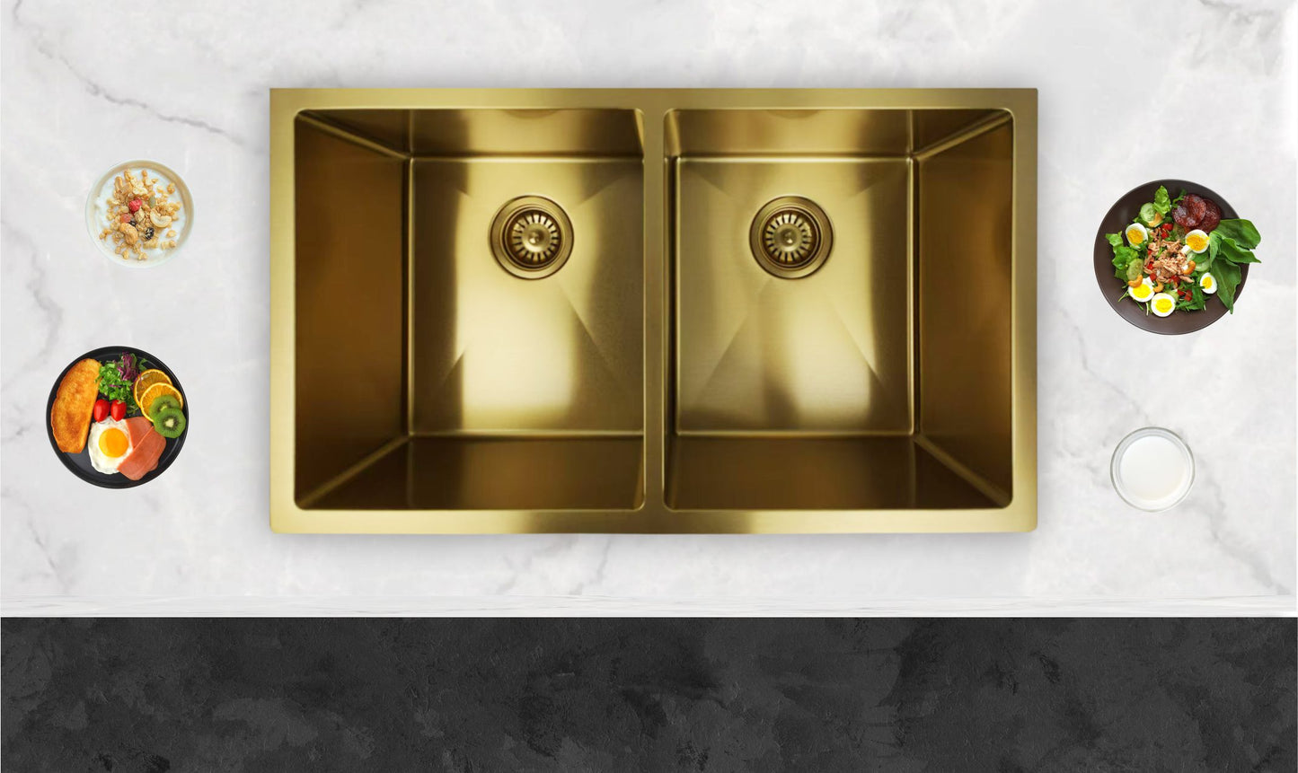 Gold) 770x450x230mm Gold PVD 1.2mm Handmade Top/Undermount Double Bowls Kitchen Sink