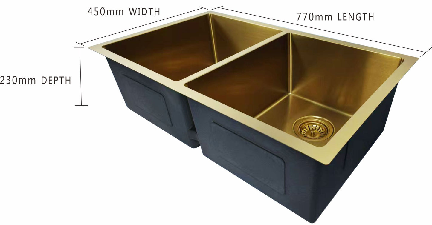 Gold) 770x450x230mm Gold PVD 1.2mm Handmade Top/Undermount Double Bowls Kitchen Sink