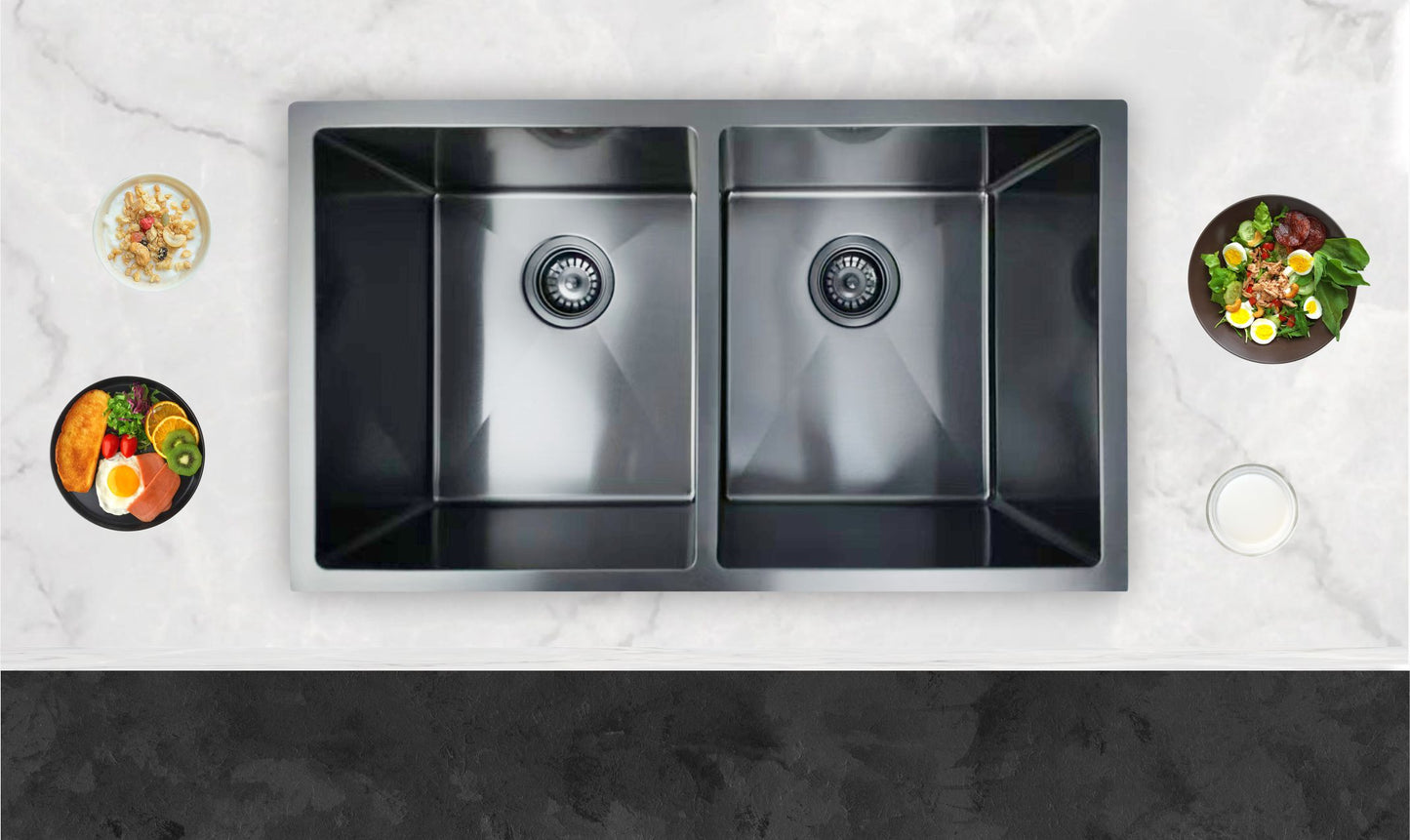 (Gunmetal Grey) 770x450x230mm Brushed Gunmetal PVD 1.2mm Handmade Top/Undermount Double Bowls Kitchen Sink