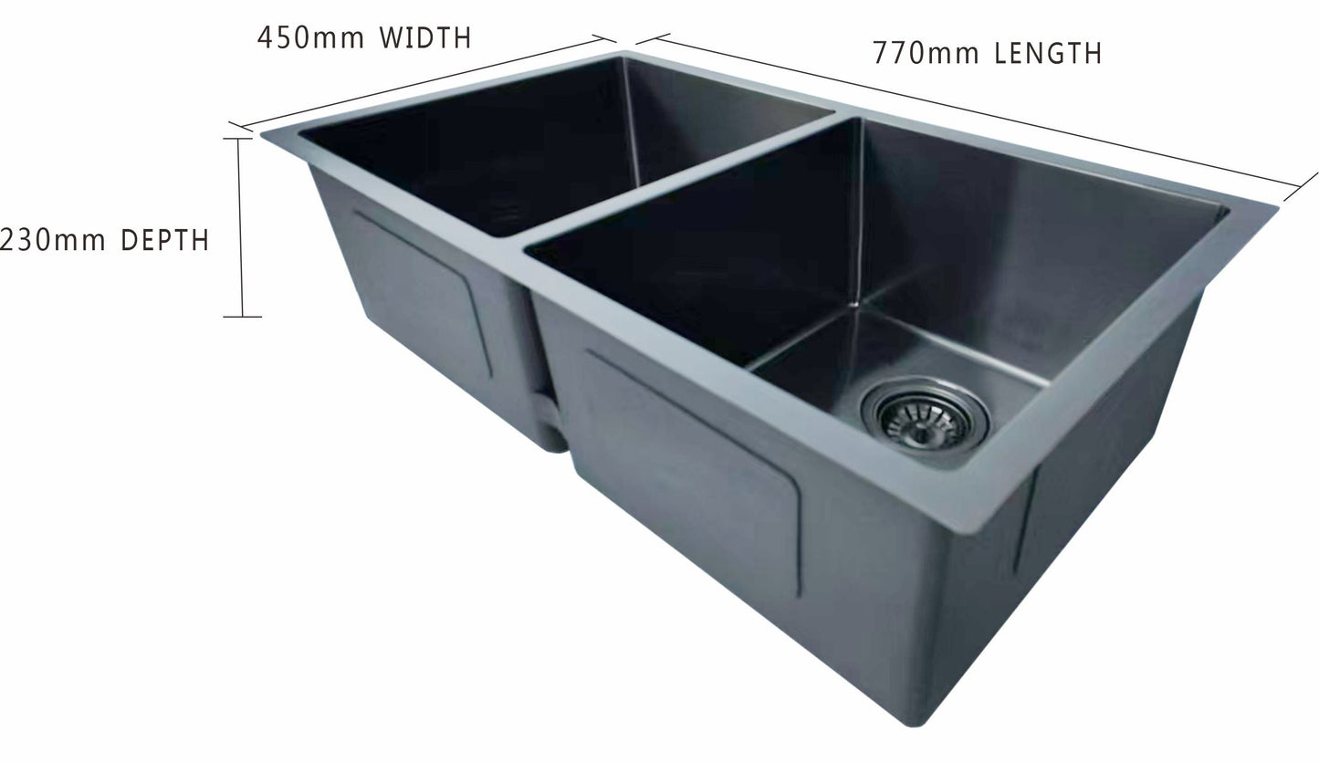 (Gunmetal Grey) 770x450x230mm Brushed Gunmetal PVD 1.2mm Handmade Top/Undermount Double Bowls Kitchen Sink